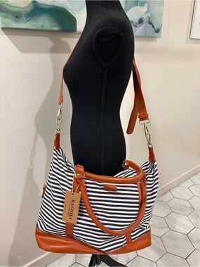 Striped Navy & White Tote with Brown Trim by